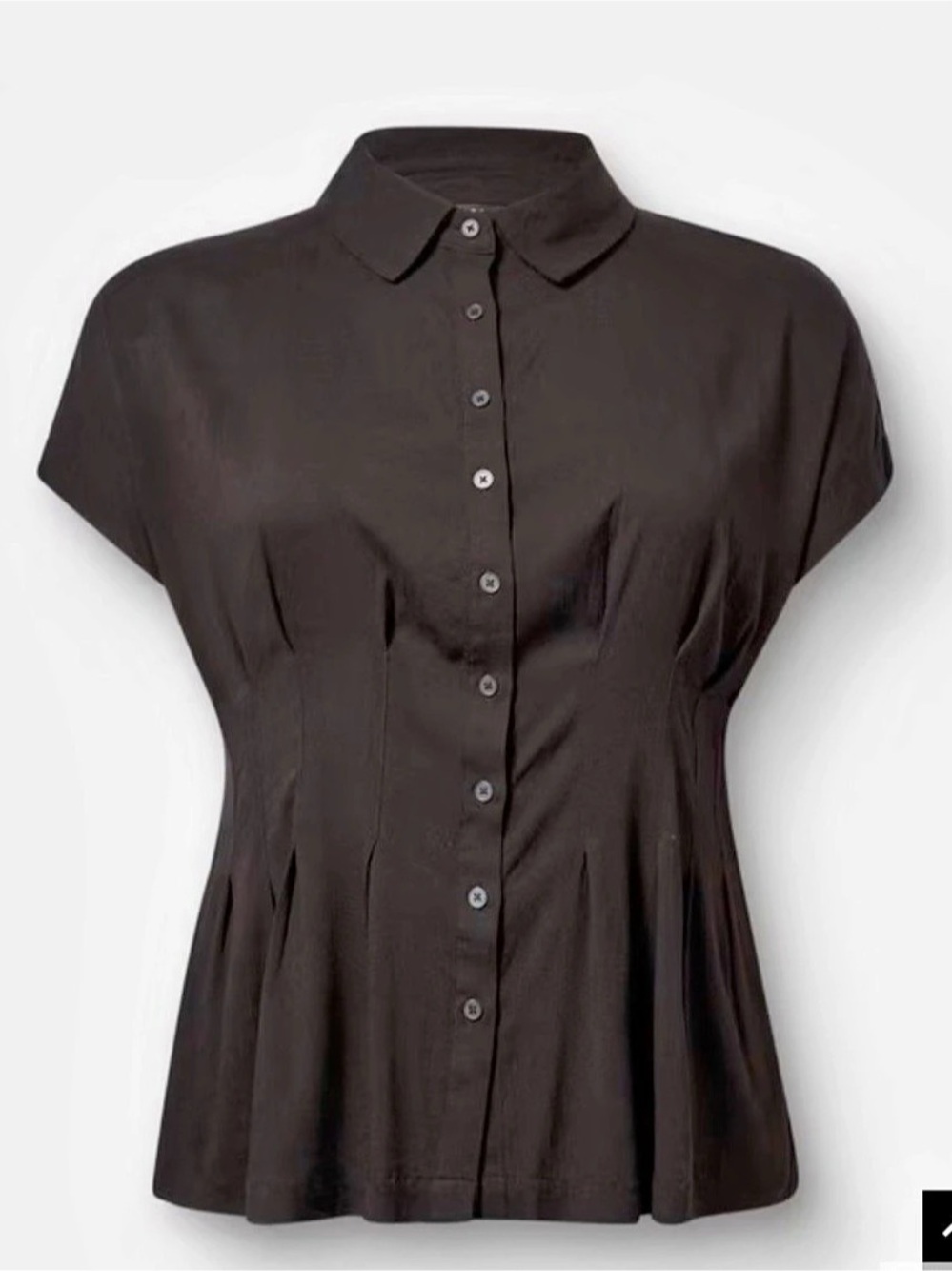 Quince Stretch Twill Pleated Black Cinched Waist  Peplum Blouse